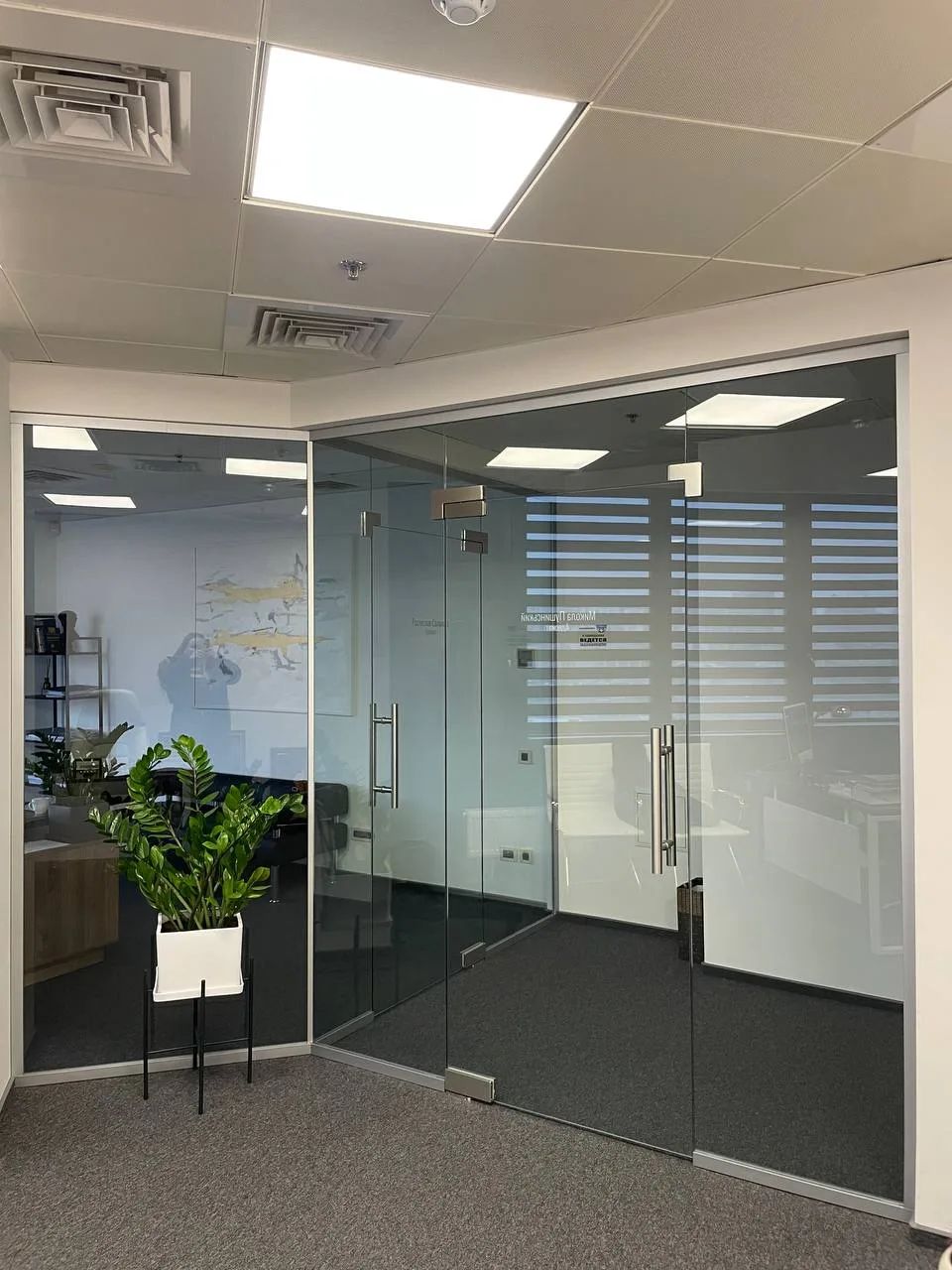 Glass partitions with a glass door in an office