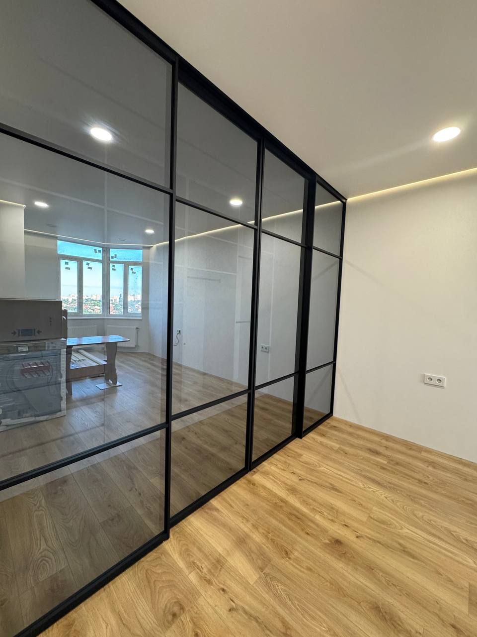 Tinted glass partition with black profiles in an apartment
